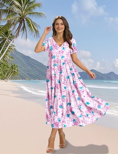 Image of YESNO Women's Summer Maxi Dresses Casual Floral Short Sleeve V Neck Boho Beach Vacation Swing Dress with Pockets EVF