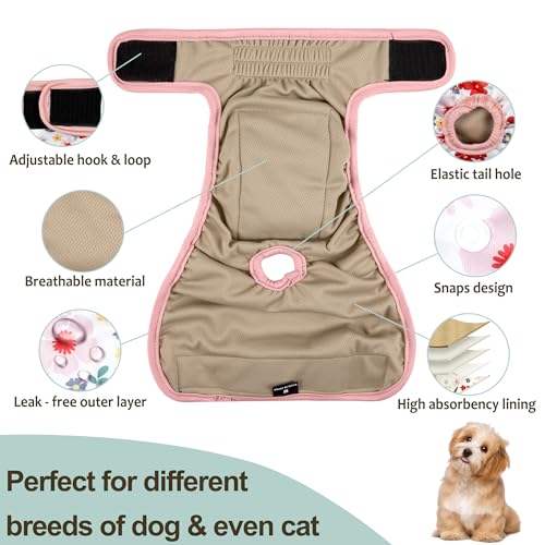 Image of Washable Female Dog Diapers (3 Pack) - No Leak Reusable Diapers for Doggy Female in Period - Highly Absorbent Dog Heat Panties with Adjustable Snaps M