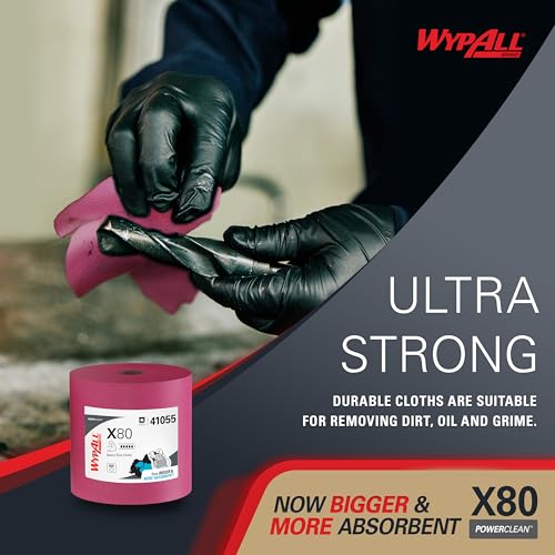 Image of WypAll PowerClean X80 Cloths Heavy Duty Wipes (41055), Jumbo, Extended Use Towels, Red (1 Roll of 455 Sheets, 455 Sheet Total)