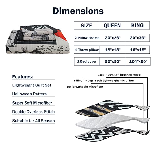 Cmfshape Halloween Bedspread,Black Quilt Set King Size,Pumpkin Ghost Festival Themed Bedding Set,Decorative Quilted 4 Piece Coverlet Set with 3 Pillow Shams(Black,King104 x90)