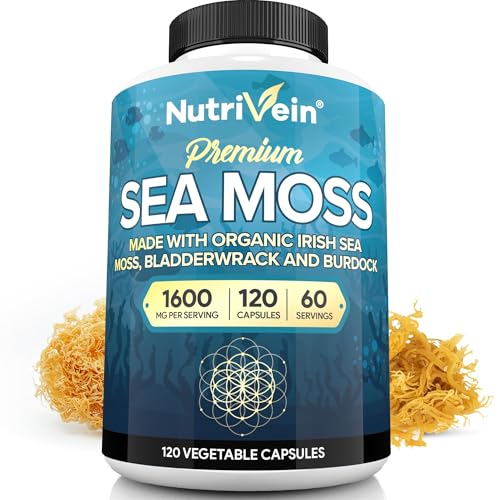 Nutrivein Organic Sea Moss 1600mg Plus Bladderwrack & Burdock - 120 Caps for Adults - Prebiotic Super-Food - Immune System & Digestive Health - Thyroid, Skin, Keto Detox, Gut, Joint Support