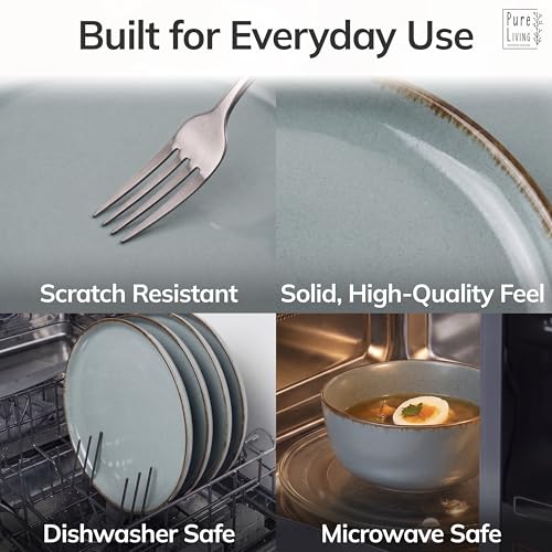 Image of Stoneware dinnerware set 8 persons Rustic 24 pcs - Rustic design dinnerware set, dishwasher safe - Bowl and plate set - Pure Living dinnerware in smoky blue