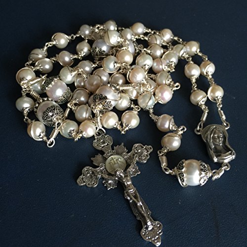 elegantmedical HANDMADE Wire Wraped Bali 925 Sterling Silver AAA+ 8-9mm Real Pearl Beads Catholic Rosary NECKLACE Cross crucifix Box4
