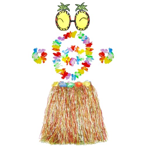 ATSNOSH Costume de Hula Hawaïen Jupe Kit d'accessoires Collier Guirlande Bracelet Lunettes de Soleil 40 cm