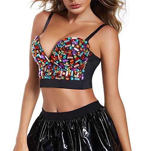 Charmian Women's Spaghetti Straps Rhinestone Beaded Clubwear Bustier Crop Top Bra2