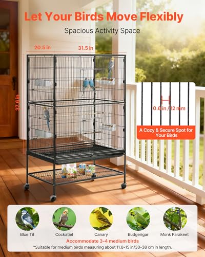 VEVOR Bird Cage, 31.5 x 20.5 x 52 inch, Flat Top, Wrought Iron Bird Flight Cage with Perches, Slide-Out Tray and Plastic Feeders, Casters, for Parrot, Blue Tit, Cockatiel, Canary, and Monk Parakeet