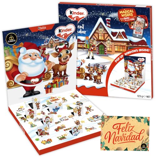 Calendario de Adviento Kinder POP UP 2025 · Con 24 Chocolates Kinder Variados · Diseño Navideño con Papá Noel y Renos · Incluye Tarjeta Personalizable Cia&Co · Ideal para Niños y Familias · 125 g