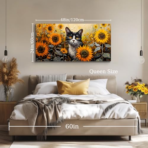 SERIMINO Large Wall Art for Living Room, Sunflower Cat Modern Home Decor Canvas Prints, Flower Field Landscape Pictures Wall Decor, Cute Animal Dining Room Bathroom Office Decor Paintings 24"X48"