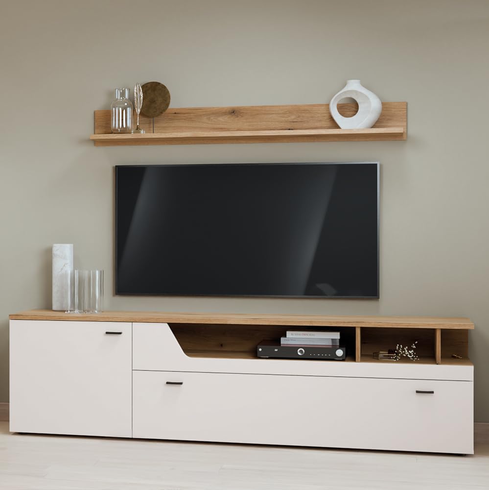 Lomadox Wohnzimmer-Set Wohnmöbel Wohnwand in Kaschmir & Eiche mit Wandboard & Lowboard, 2-teilig