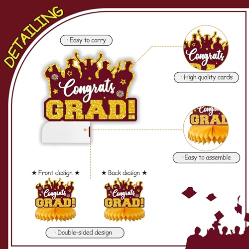Image of 2026 Graduation Party Decorations - 8 Pcs Maroon Gold Class of 2026 Graduation Party Table Decor Honeycomb Centerpieces for Tables Congratulate for 2026 Congrats Grad Party Supplies