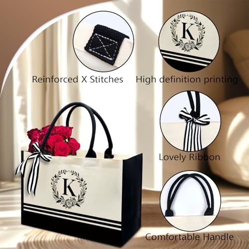 Image of Personalized Initial Canvas Tote Bags, Monogrammed Tote Bag Gifts for Women Teacher Friend for Birthday Wedding