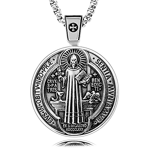 VENICEBEE® Best Saint Benedict Medal Protection Cross Sacramental Christian Amulet Exorcism Solid 925 Sterling Silver Pendant Necklace + Velvet Pouch, Polishing Cloth, Fine Gift Box