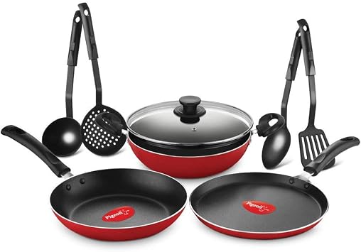 Pigeon Mio Nonstick Aluminium Cookware Gift Set, 8 Pieces, Includes Flat Tawa, Fry Pan, Kadai with Glass Lid, Kitchen Tools, Red, Non Induction Base