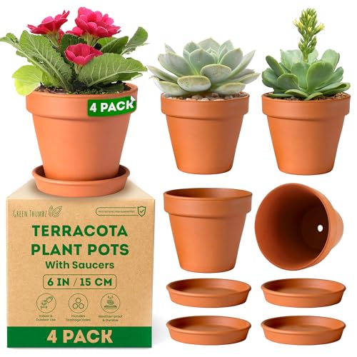 Green Thumbz Terracotta Plant Pots - 15cm x 4 Pack Large Brown Clay Pots with Saucer and Drainage Hole - Indoor or Outdoor Use