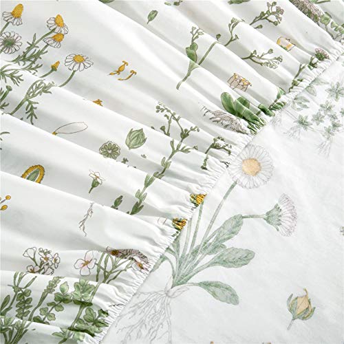 Wake In Cloud - Botanical Sheet Set, 100% Cotton Bedding, Cottagecore Yellow Flowers And Green Leaves Floral Garden Pattern Printed On White (4Pcs, Queen Size) #TOP5