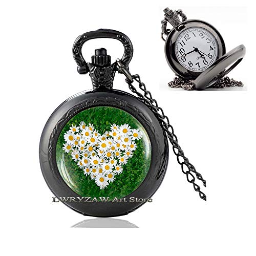 Daisy Heart Pendant, Daisy Flower Pocket Watch Necklace, Nature Jewelry,