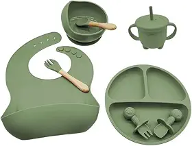 Kit Introdução Alimentar Bebê Silicone 8 Peças Prato Bowl Copo Babador Talheres - BPA Free (Verde)