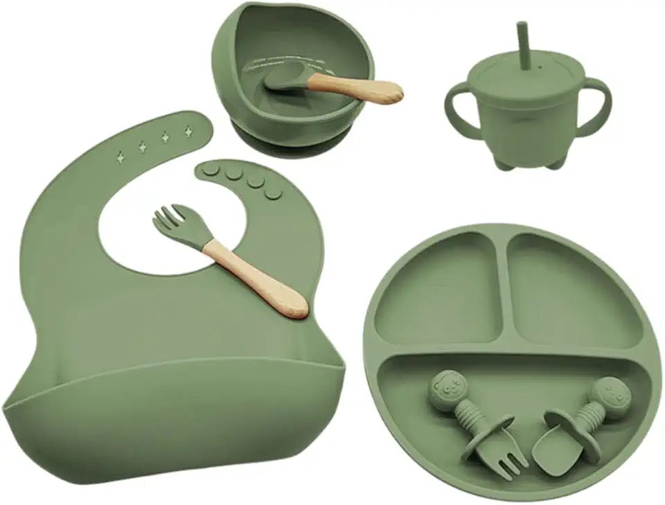 Kit Introdução Alimentar Bebê Silicone 8 Peças Prato Bowl Copo Babador Talheres - BPA Free (Verde)