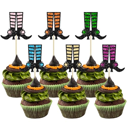 Gyufise 24Pcs Halloween Cupcake Toppers Glitter Witch Leg Feet Cupcake Picks Witch Boot Happy Halloween Cake Decorations for Birthday Party Favors Supplies