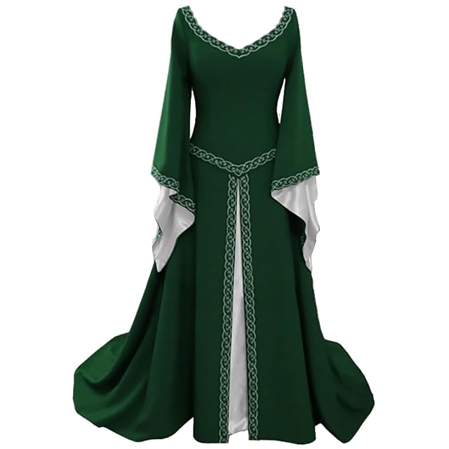 Disfraz Medieval para Mujer Vestido Manga Larga Bordado Renacentista Cosplay Verde XXL