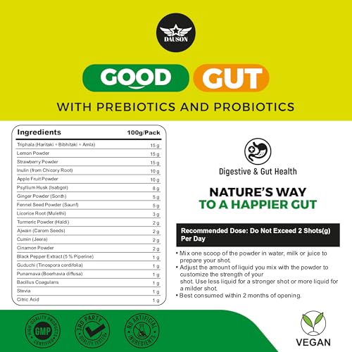 Image of Gut Detox Shots | Effective Herbal Supplement Boosted with Prebiotics, Probiotics, Triphala, Psyllium Husk, Ginger, Turmeric & Piperine | 100 Shots