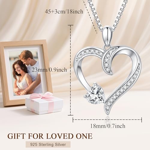Love Heart Necklace for Women, 925 Sterling Silver Cubic Zirconia Birthstone Heart Pendant Jewelry Gift for Mom, Mother, Wife, Girlfriend on Birthday, Mother's Day, Chain 18 inch 5