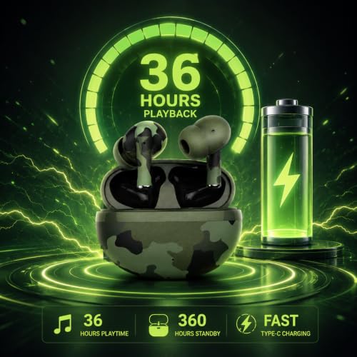 Image of J38 Army Series Truly Wireless Bluetooth Earbuds with Bluetooth v5.4, 36H Playtime, ENC Calling Mic, Touch Controls, Deep Bass, Type-C Charging, Camouflage Green