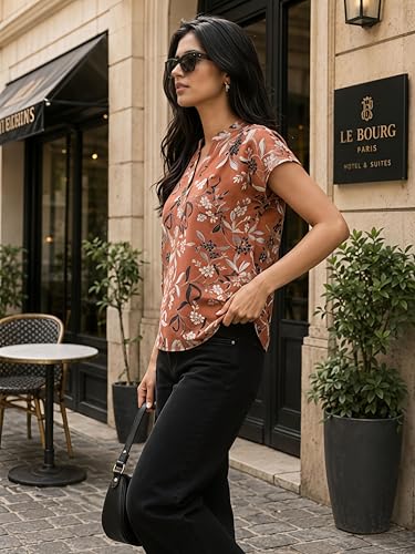 Image of NAINVISH Printed Top Short Sleeve Button Down V Neck Lightweight Soft Fabric Casual Office Summer Stylish Patterned Womens Comfort Fit Regular Top