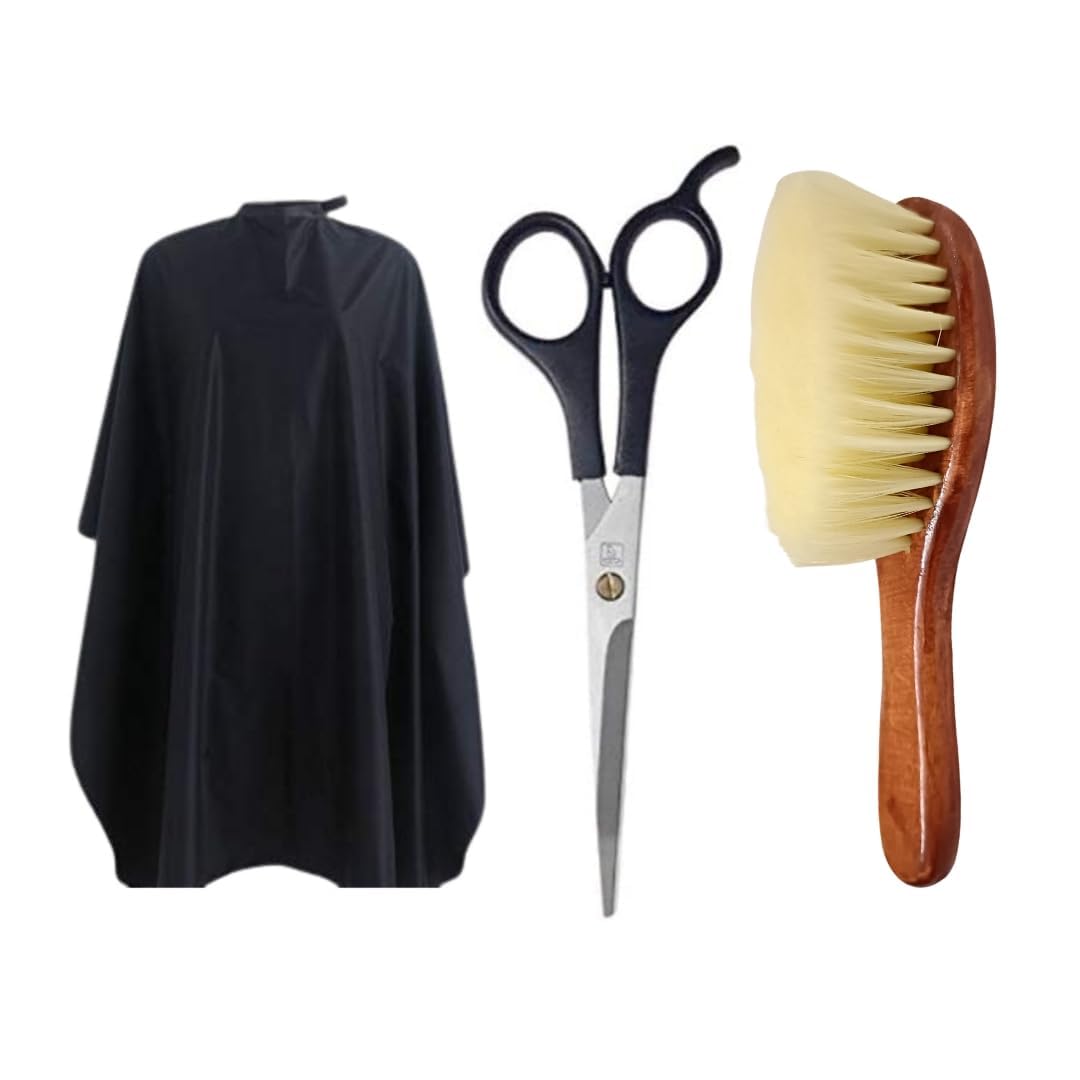 Sharp Stainless Steel Professional Scissors for Hair Cutting & Haircut Capes/Aprons Salon & Parlor Hair Duster Brush Wooden Powder Cleaning (Set of 3)-image-45