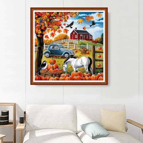 Image of Joyhoor Stamped Cross Stitch Kits for Beginners Needlepoint Kits for Adults Embroidery Kits 11CT Counted Cross Stitch Kits Printed Embroidery Pattern- Autumn Scenery at Home 18x18 inchs
