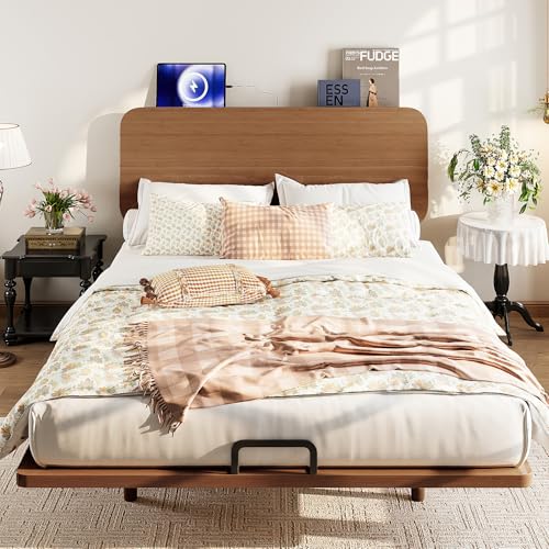 Image of Bellemave Queen Size Bamboo Bed Frame with Headboard,Bamboo Floating Platform Bed Frame Queen Size with Charging Station and Wood Slats,Easy Assembly,Warm Brown