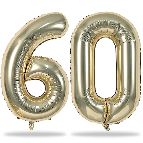 Lingqiang 60th Birthday Balloons Champagne Gold  40 Inch Giant Foil Number 60 Balloons Self Inflating Light Gold Digit 6 & 0 Helium Balloons 60th Anniversary Party Decorations Supplies