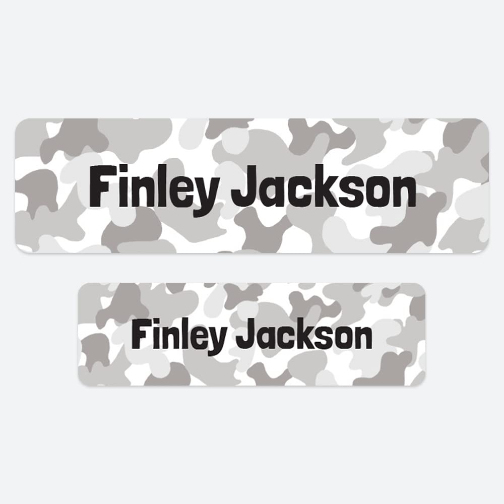 50 x No Iron Personalised Stick On Waterproof Washable Name Labels Great for Clothes, School Uniform, Equipment, Shoes. School, Nursery, Day Care, Hospital - Cool Camouflage Grey — image 1