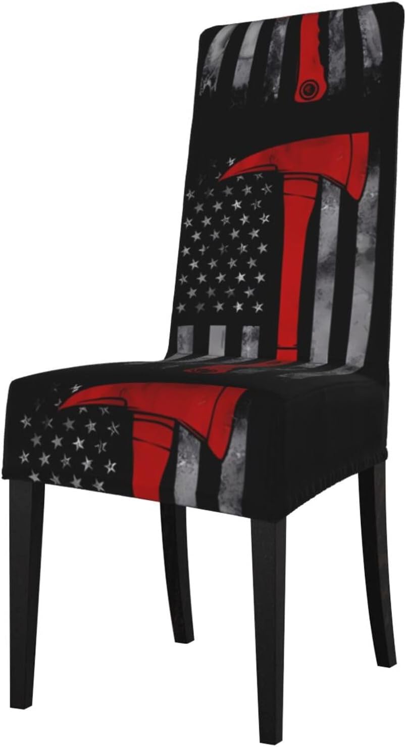 Firefighter Axe Red Line Flag Prints Protection Cover for Dining Chair - Stretchable Chair Throw Covers for Dining Room, Hotel Event Party