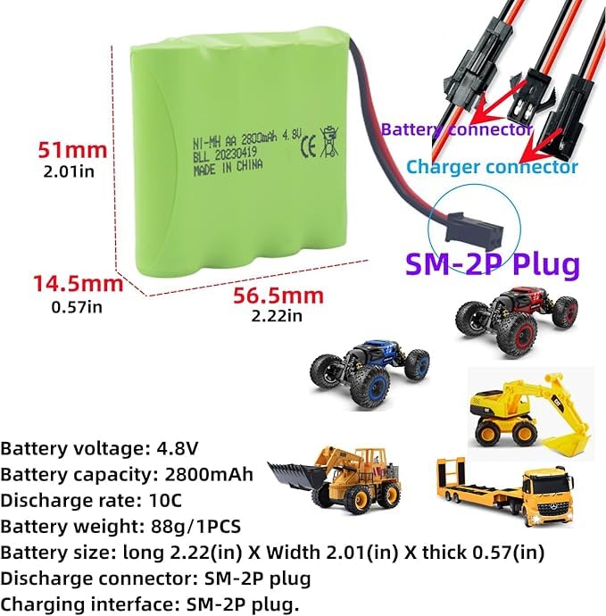 Image of 2PCS 4.8V 2800mAh AA Rechargeable Battery with SM-2P Plug and USB Charging Line for SY-E511 RC Excavator Truck Engineering Car E562 TD141 RC Toy