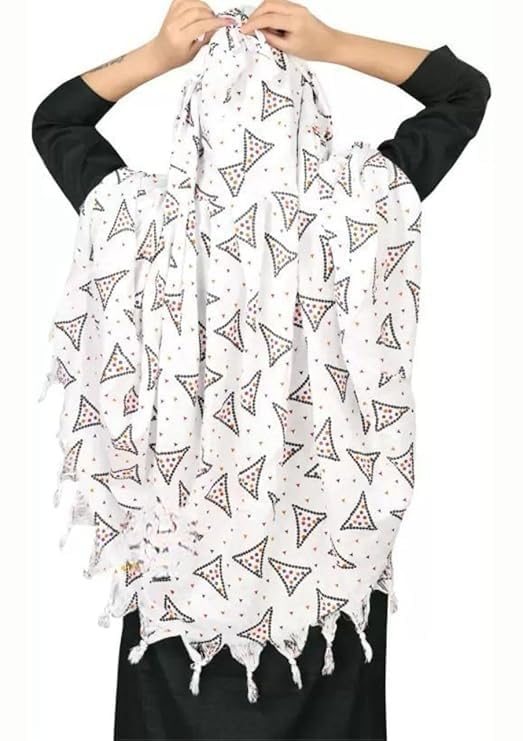 Image of Cotton Long Scarf Cum Mask Scarves Usable for Vehicle Driver | White Printed Design Fabric | Universal Size | Soft & Breathable Sun Protection | For Girl & Women