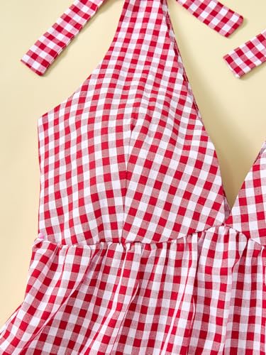 Women's Plaid Tie Shoulder Mini Dress Ruffle Hem Deep V Neck Sleeveless A Line Y2k Dresses4