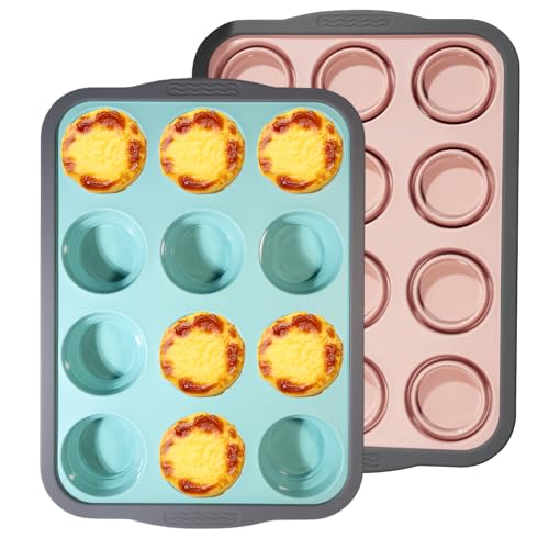 Valyrane 2 Pièces Moule à Muffins – Moule en Silicone pour 12 Muffins, Moules Silicone Muffin avec Structure Métallique, Idéale pour Cupcakes, Brownies...