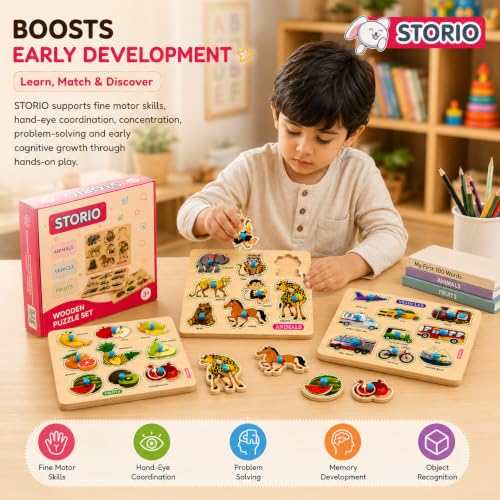 Image of Storio Wooden Puzzle Combo Set for Kids, Vehicle Fruit & Animal Knob Puzzles, Montessori Educational Learning Toy, Fine Motor Skill Wooden Board for Toddlers Boys Girls Age 2+ Years