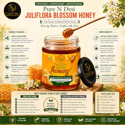 Image of PURE N DESI Raw Juliflora Honey 500g | Unprocessed Babool Honey Glass Jar | Raw Juliflora (Babool) Honey | Unprocessed | No Added Sugar | Wild Forest Honey | 500g Glass Jar
