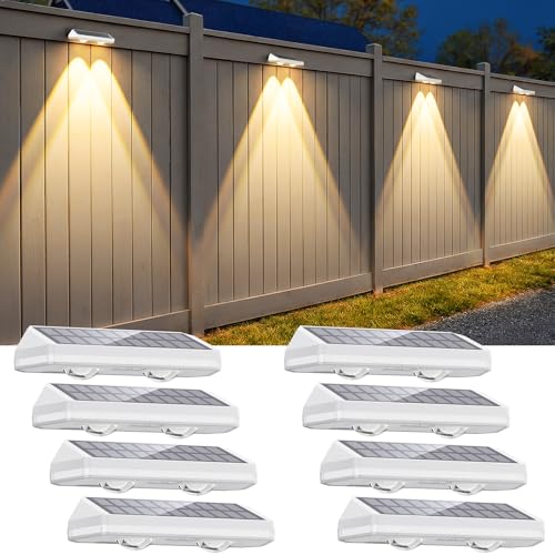 Image of Solar Fence Lights Outdoor ,3000 /4500 /6000K 13 Mode, 8 Pack Fence Lights Solar Powered with Ultra-Bright Lens IP65 Waterproof,Solar Wall Light for Backyard /Step /Patio /Deck /Stair /Railings(White)