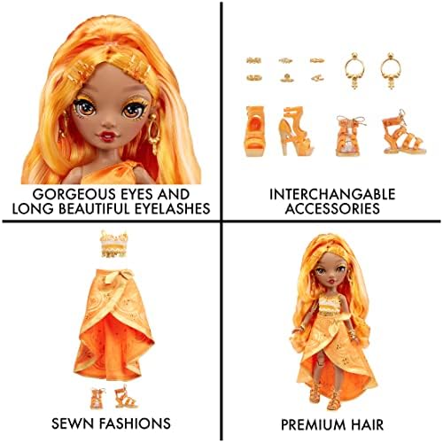 Rainbow High 578284EUC Meena Fleur-Saffron Gold Fashion Doll Includes 2 Mix & Match Designer Outfits with Accessories-for Kids 6-12 Years Old and Collectors, 3 x 12 x 12 inches
