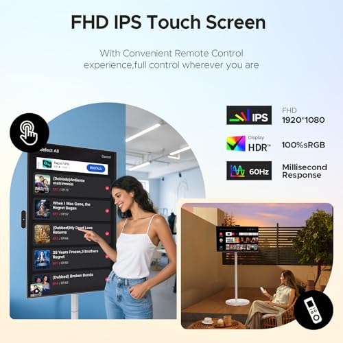 Image of 32 Inch Portable TV with Touchscreen, Mobile Smart Screen on Wheels, Rolling TV Android Monitor, FHD IPS Large Display, 8+128GB, Wireless Mirroring, Adjustable Stand, for Home /Office