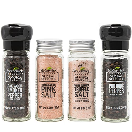 McCormick Gourmet Global Selects Salt & Pepper Premium Variety Pack (Oak Wood Smoked Pepper, Himalayan Pink Salt, White Summer Truffle Salt, Phu Quoc Pepper), 9.78 oz
