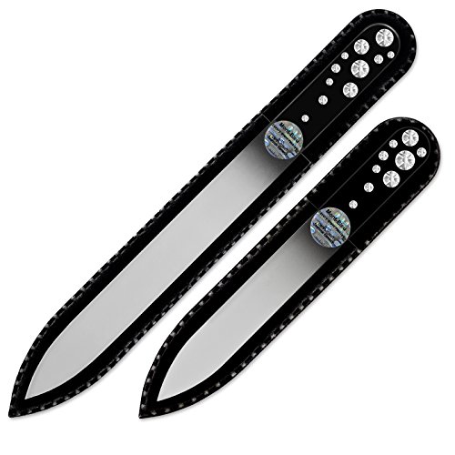 Mont Bleu Premium Set of 2 Glass Nail Files Hand Decorated with Swarovski Elements - in Black Velvet Sleeve - Genuine Czech Tempered Glass - Handmade - Best Crystal Nail Files for Manicure Tool Kit