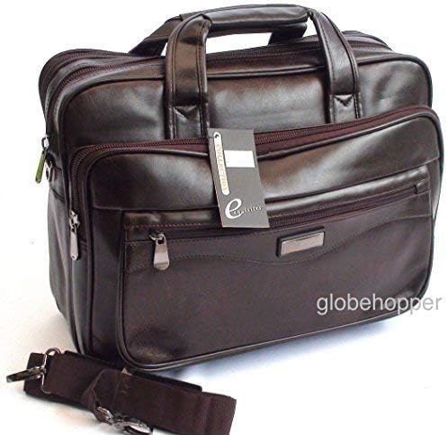 Branded 15.6" Brown Laptop Briefcase Messenger Bag with Shoulder Strap & Carry Handles, Leather Feel