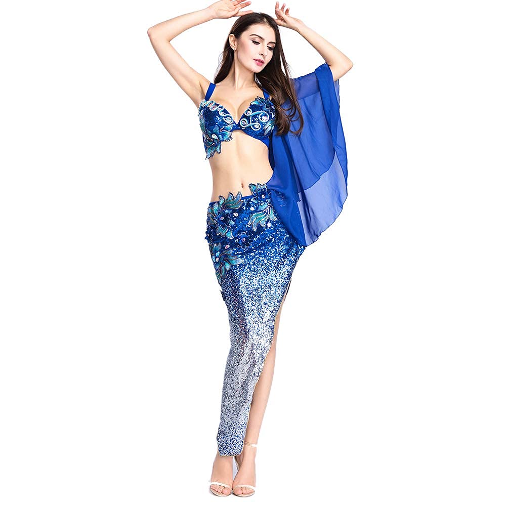 ROYAL SMEELA Seksowne kostiumy Bellydance dla tancerza brzucha biustonosz szal spódnica gradientowa cekinowa sukienka do tańca brzucha strój syrenki strój do tańca brzucha strój karnawałowy kostium kobiety orientalne kostiumy do tańca brzucha zestaw, Ciem