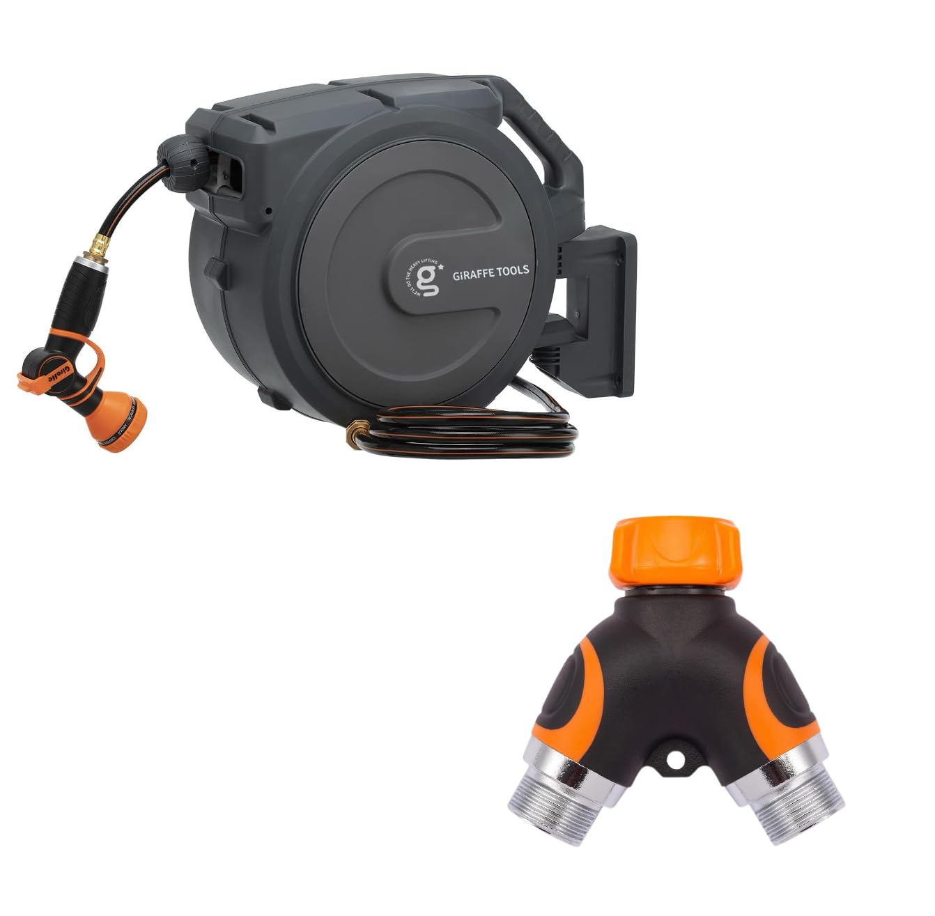 Giraffe Tools Hose Reel 1/2‘’ 78 ft, Heavy Duty Retractable Garden Hose Reel with Any Length Lock and Hose Splitter with Shut-Off Valves | Solid Brass, 3/4" GHT