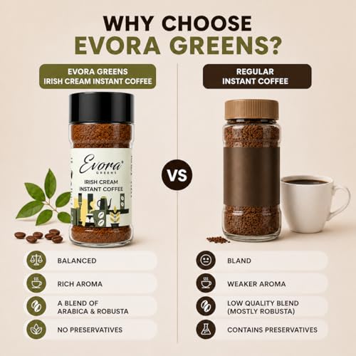 Image of Evora Greens Irish Cream Flavoured Instant Coffee | Arabica & Robusta Blend | Cafe Style Creamy Taste | Hot, Cold & Black Coffee | Makes ~50 Cups | 100g Glass Jar