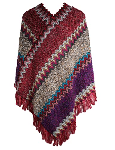 ZLYC Women's Vintage Fringe Pullover Shawl Striped Wrap Poncho Cape4